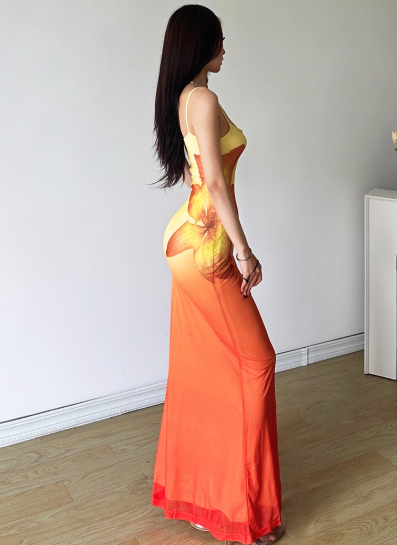 Holiday Style Spaghetti Straps Gradient Slim Fit Printing Seaside Dress Women Dress Dating Dress D1844