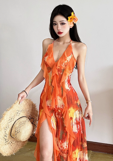 Summer Seaside Halter Printing Ruffle Long Dress Women Dress Dating Casual Chic Dress D1845