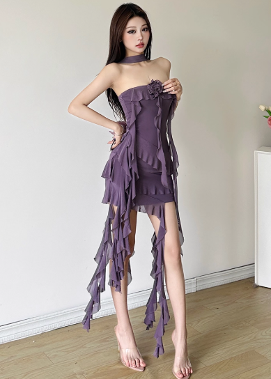 Sexy Strapless Slim Tiered Ruffle Ribbons Summer Holiday Mini Skirt Women Dating Dress D1846