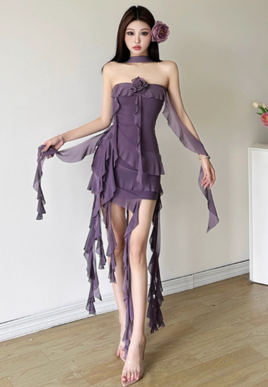 Sexy Strapless Slim Tiered Ruffle Ribbons Summer Holiday Mini Skirt Women Dating Dress D1846