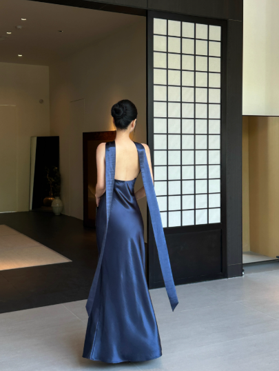 French Chic Halter Pleated Ankle Length Skirt Evening Dress Birthday Party Dress Cocktail Dress D1849
