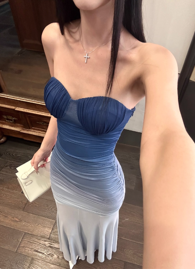Elegant Sweetheart Neck Gradient Blue Pleated Slim Fit Waist Mermaid Maxi Dress Women Summer Dress D1856