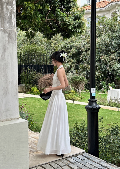 Elegant A Line Chiffon Halter V-neck Fold Slim Fit Women Summer Long Skirt Date Dress D1858