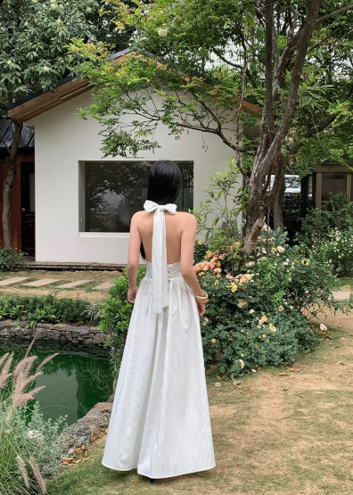 French A-line V-neck Halter Backless Striped Long dress Beach Dress Women Summer Dress with Bow knot D1860