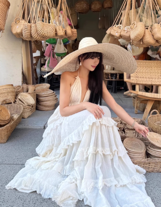 Island Style Halter Backless Tiered Pleated Beach Vacation Dress Women Summer Long Dress D1861