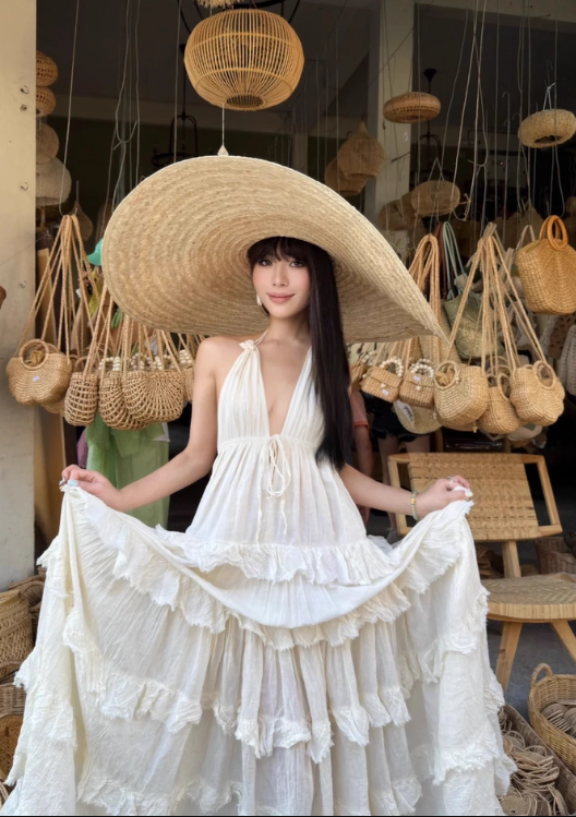 Island Style Halter Backless Tiered Pleated Beach Vacation Dress Women Summer Long Dress D1861