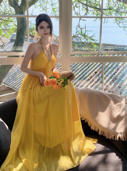 Sweet Crystal V-neck Halter Backless Tulle Pleated Seaside Dress Women Summer Long Dress D1862