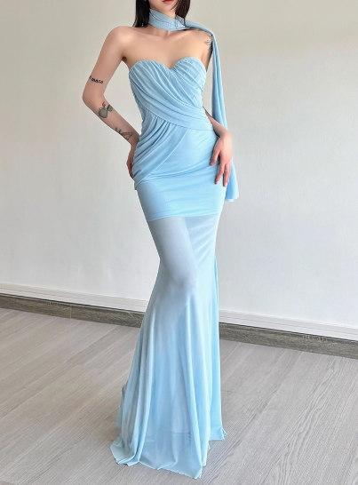 Sexy Sweetheart Neckline Cross Pleated Tulle Long Skirt Women Summer Dress Vacation Dating Dress D1883