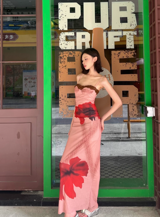Seaside Spaghetti Straps Print Lace Pleated Ankle Long Skirt Women Summer Dress Beach Mesh Dress D1885