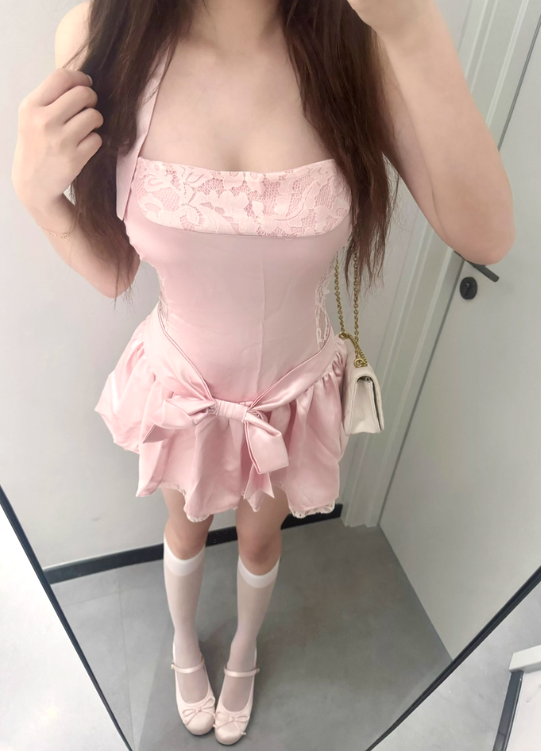 Sweet A-line Halter Open-Back Pleated Bowknot Short Skirt Women Date Dress Summer Dress D1886