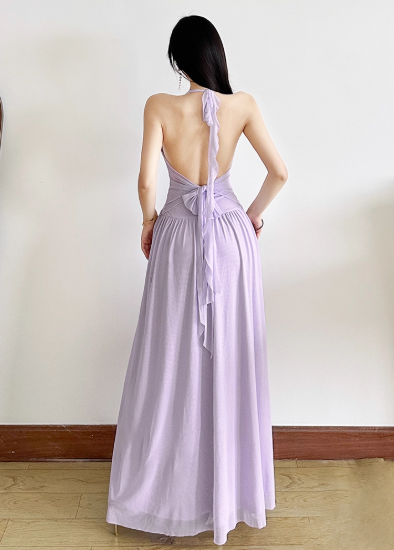 Elegant V-Neck Halter Backless Pleated Ruffle Slit Summer Maxi Dress Women Seaside Dress D1889