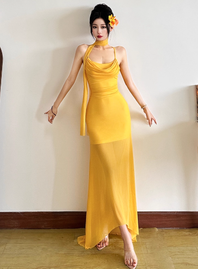 Seaside Halter Pleated Backless Tulle Island Long Skirt Women Summer Dress Date Dress D1893