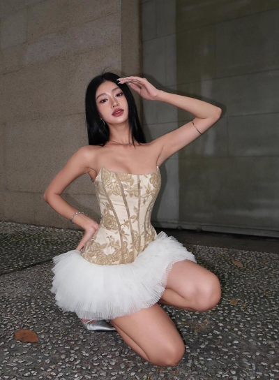 Elegant Strapless Printing Flower Tiered Tulle Short Skirt Party Dress Women Summer Dress D1898