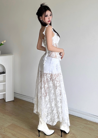 Sexy Irregular Suspenders Ruffle Pleated Hi-lo Dress Women Summer Dress D1899