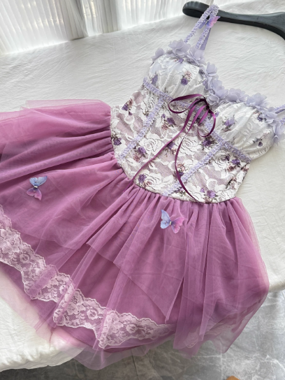 Cute Spaghetti Straps Lace Pleated Tulle Butterfly Summer Dress Women Dress D1900
