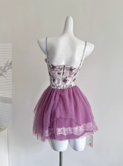 Cute Spaghetti Straps Lace Pleated Tulle Butterfly Summer Dress Women Dress D1900