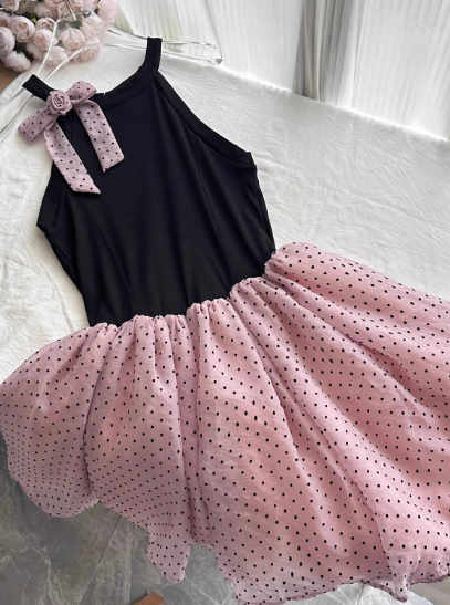 Pretty Halter Polka Dot Pleated Tulle Bowknot Rose Summer Dress Women Date Dress D1901