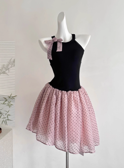 Pretty Halter Polka Dot Pleated Tulle Bowknot Rose Summer Dress Women Date Dress D1901
