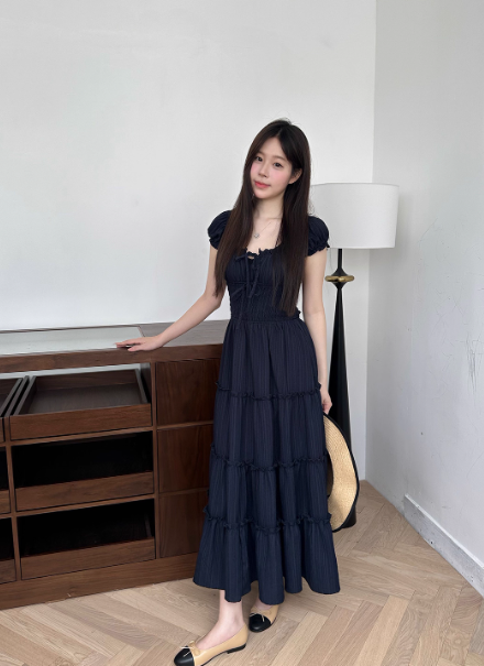 Minimalist Square Neckline Lace-up Pleated Ruffle Long Skirt Summer Dress Women Dress D1907
