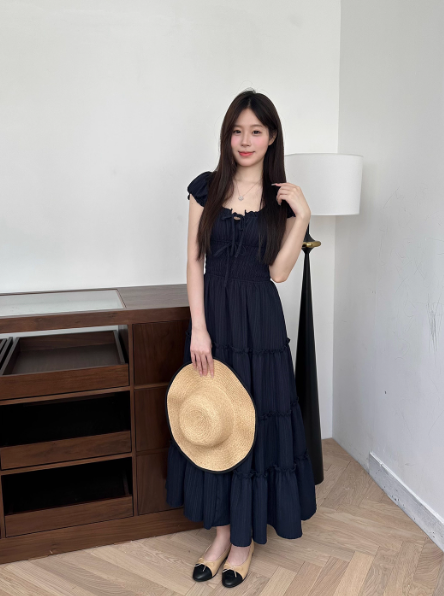 Minimalist Square Neckline Lace-up Pleated Ruffle Long Skirt Summer Dress Women Dress D1907