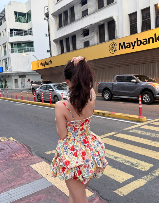 Colorful Spaghetti Straps Floral Pleated Short Skirt Women Summer Date Dress D1909