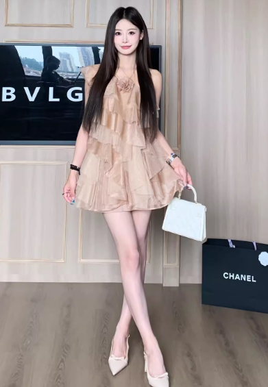 Pretty Asymmetrical Neck Pleated Ruffle Tulle Short Women Dress Seaside Vacation Dress D1912