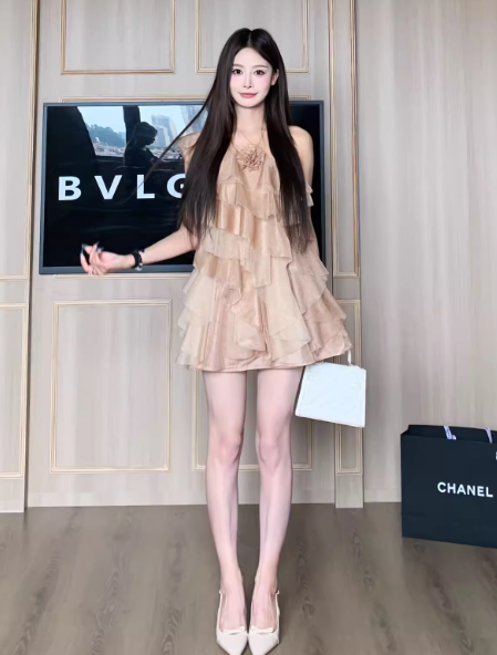 Pretty Asymmetrical Neck Pleated Ruffle Tulle Short Women Dress Seaside Vacation Dress D1912