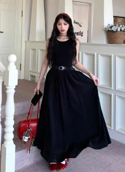 Elegant A Line Crew Neck Long Skirt Summer Seaside Dress Women Date Dress with Belt D1915