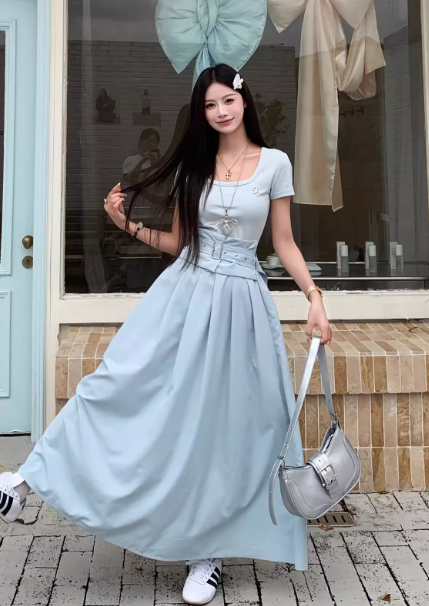 Beauty A Line Crew Neck Short Sleeves Pleated Long Wonmen Dress Summer Date Dress with Belt D1916