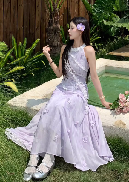 Elegant Halter Lace Flower Long Women Dress Dating Dress Summer Seaside Dress D1919