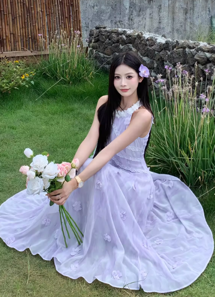 Elegant Halter Lace Flower Long Women Dress Dating Dress Summer Seaside Dress D1919