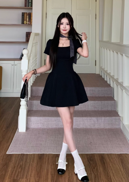 Elegant A Line Square Neck Black Short Women Dress Vacation Casual Date Dress D1920