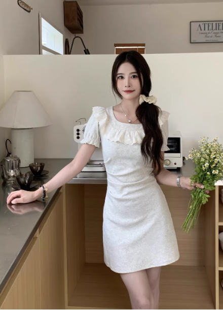 Fashion Crew Neck Pleated Ruffle Short Skirt Summer Seaside Dress Women Date Dress D1922