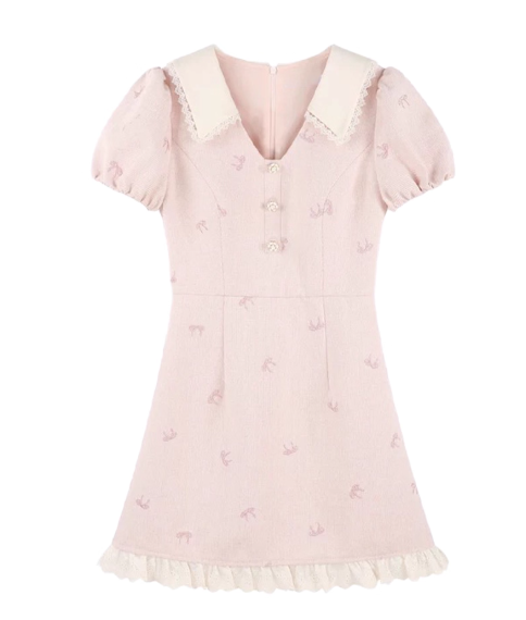 Cute A Line V-neck Bowknot Pleated Casual Dress Short Women Skirt Summer Date Dress D1924