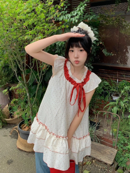 Cute Polka Dots Lace-up Pleated Ruffle Short Women Dress Sweet Dress Date Dress D1925