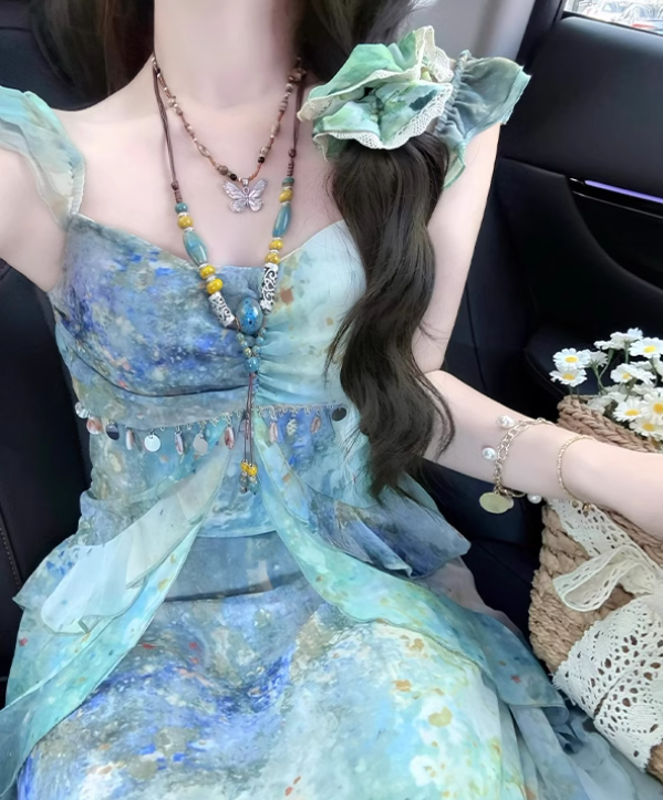 Island Spaghetti Straps Ruffle Print Long Seaside Dress Vacation Dress Women Summer Dress D1929
