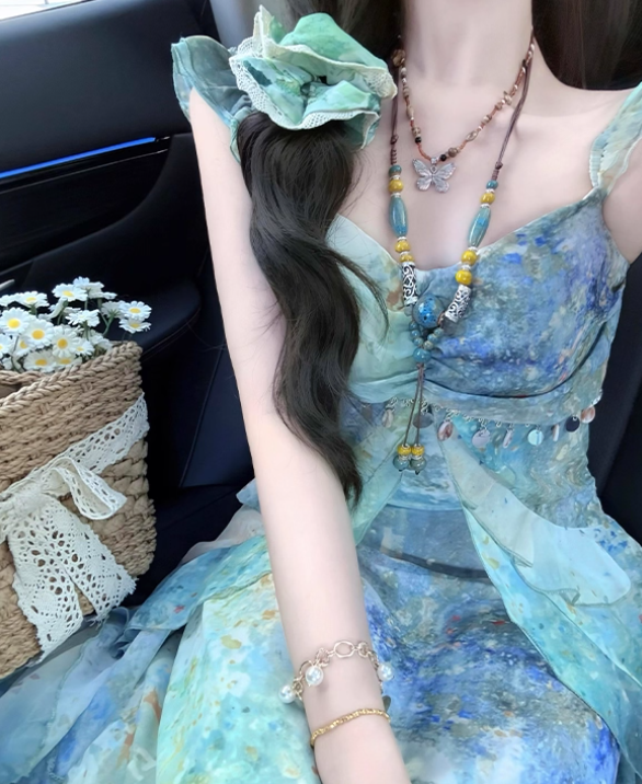 Island Spaghetti Straps Ruffle Print Long Seaside Dress Vacation Dress Women Summer Dress D1929