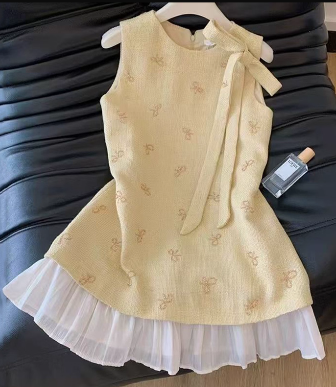 Sweet Crew Neck Bowknot Ruffle Pleated Short Skirt Summer Date Dress Women Dress D1930