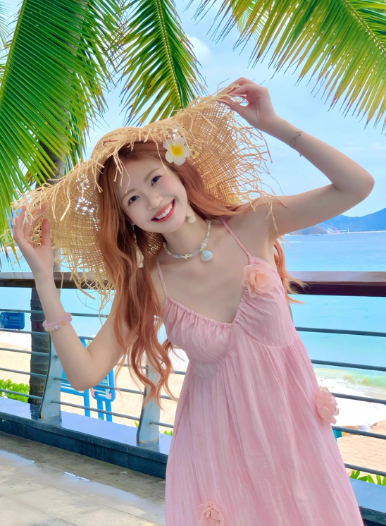 Seaside V -neck Spaghetti Straps Flower Pleated Long Vacation Dress Summer Women Dress D1931