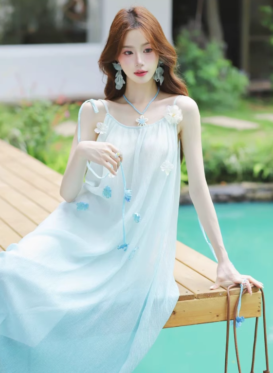 Island Spaghetti Straps Gradient Color Flower Long Vacation Dress Summer Women Dress D1932