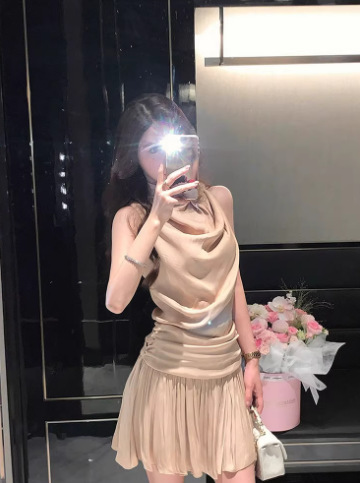 Vintage A Line Sleeveless Pleated Short Casual Skirt Women Summer Dress D1933