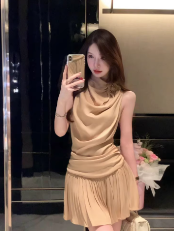 Vintage A Line Sleeveless Pleated Short Casual Skirt Women Summer Dress D1933