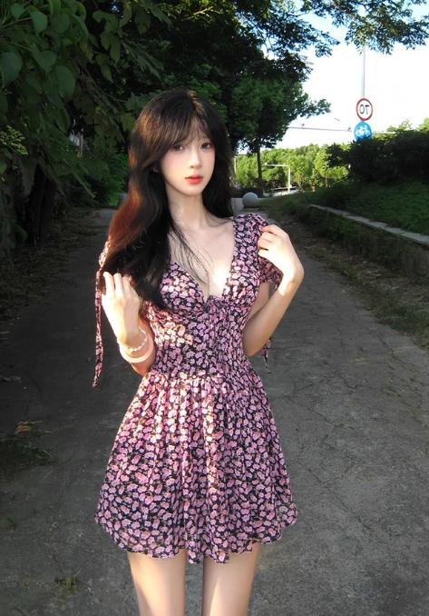Pretty A Line V-neck Lace-up Floral Short Skirt Princess Women Summer Dress D1934