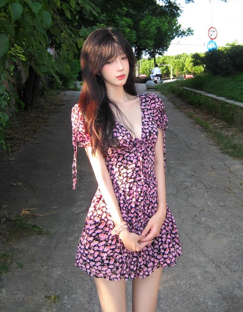 Pretty A Line V-neck Lace-up Floral Short Skirt Princess Women Summer Dress D1934