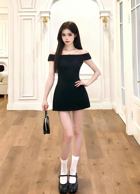 Elegant Black A Line Off the shoulder Casual Short Skirt Summer Women Date Dress D1935