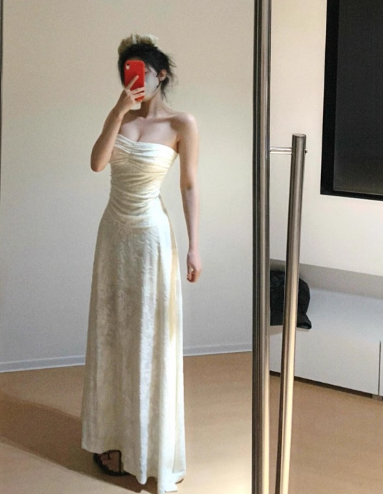 Vacation Strapless Pleated Irregular Hem Long Date Dress Women Summer Skirt D1940