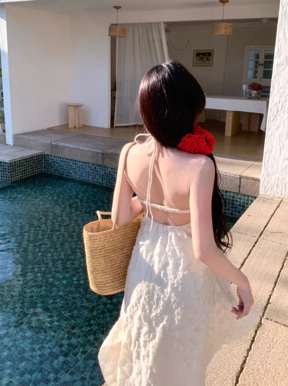 Seaside Halter Backless Ruffle Long Date Dress Women Summer Vacation Skirt D1941