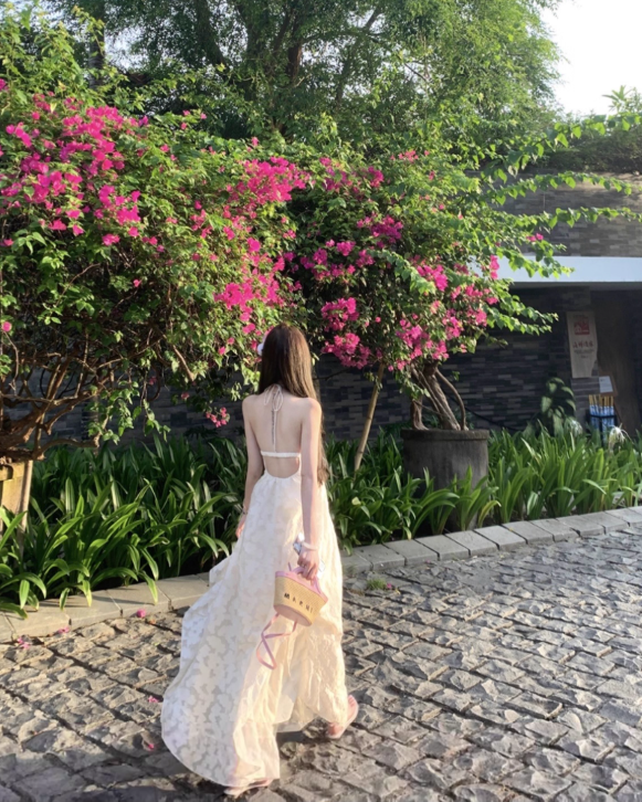 Seaside Halter Backless Ruffle Long Date Dress Women Summer Vacation Skirt D1941