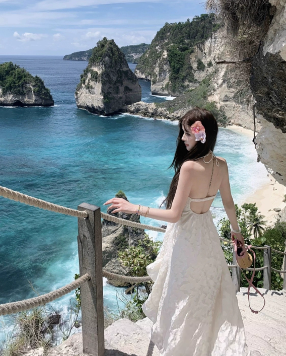 Seaside Halter Backless Ruffle Long Date Dress Women Summer Vacation Skirt D1941