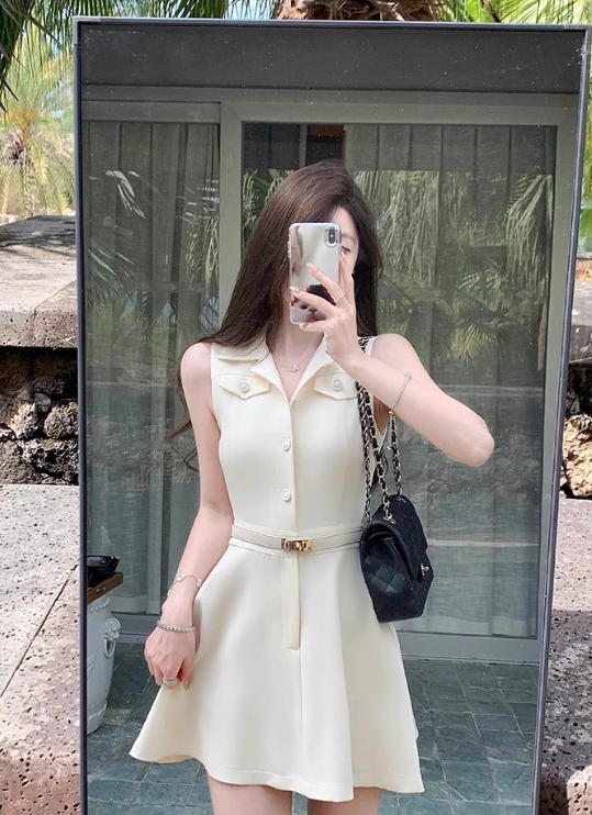 Minimalist A Neckline Polo Neck Casual Date Dress Women Summer Skirt with Belt D1942